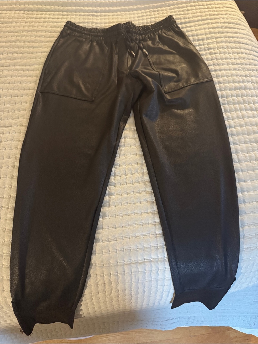 Women's Black Faux Leather Joggers with Elastic Waist